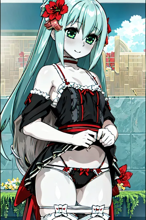 1 girl、Silver Hair、Pale skin、Long Hair、Red flower hair ornament、Emerald green eyes、Small breasts、、、High resolution、highest quality、Anime Moe Art Style、Cowboy Shot、Skirt Lift、Self Lift、Plush panties、lingerie、、Panty shot、Rear view、Outdoor、stomach