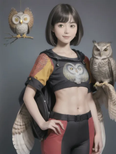 224 Short Hair, 20-year-old woman, A kind smile, (There are also colorful owls), (Rembrandt-style painting), ((machinery suit,Clothes with short sleeves)),I can see your abs