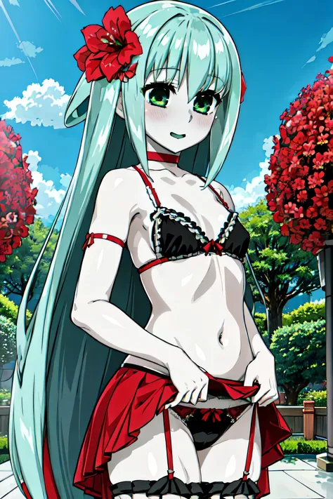 1 girl、Silver Hair、Pale skin、Long Hair、Red flower hair ornament、Emerald green eyes、Small breasts、、、High resolution、highest quality、Anime Moe Art Style、Cowboy Shot、Skirt Lift、Self Lift、Plush panties、lingerie、、Panty shot、Rear view、Outdoor、stomach