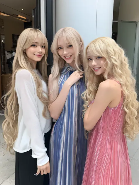 (Knee-high shot of three identical twins :1.3)　(The three of them are posing together in a fun-looking way.:2.0)　(They look happy as they look at her in the center of a busy street in France.)　(Their faces are clones　Clothes are random　Hair color is random...