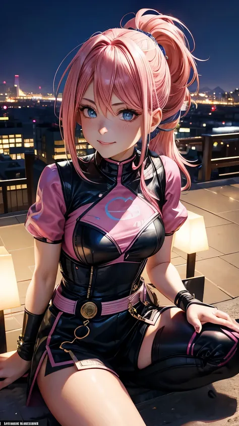 Pink hair with ponytail and highlights, blaue Augen, schwarzer Top mit bauchfreiem Oberteil, kurzer Rock, goldene Halskette, Ohrringe, Sitzen, (Fotorealistisch: 1.4), Skyline, Nacht, Mondschein, Happy, big , mouth slightly open 