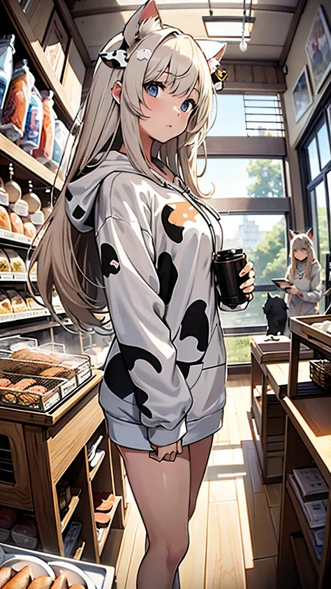 Masterpiece, 4K, bokeh, (Cat ears:1.3), Beautiful high school girls, white long hair, Looking at the viewer, (Cow pattern hoodie:1.3), Many Large soap bubbles are flying, (fisheye lens:1.3),
