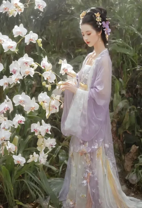 On a spring morning, a delicate orchid blooms in the garden, emitting a faint fragrance. In this sea of orchids, an ancient girl wears a graceful Hanfu, and her hair is adorned with exquisite floral decorations, complementing the elegance of orchids. She l...