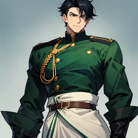 A 30-year-old boy, with short elegant black hair, his skin is pale and his eyes dark blue with emerald green, he has a calm expression, he is the villain, he wears a military uniform, very marked features and masculine, he is attractive but looks intimidat...