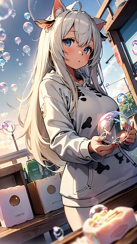 Masterpiece, 4K, bokeh, (Cat ears:1.3), Beautiful high school girls, white long hair, Looking at the viewer, (Cow pattern hoodie:1.3), (Many Large soap bubbles are flying:1.5), sundown seashore, (fisheye lens:1.3),
