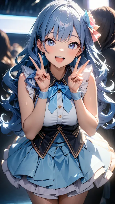 (8k, RAW Photos, 最high quality, masterpiece:1.2), High-quality RAW color photos, Professional photo shoot, Cinematic Light, alone, (((1 girl))), Blue Hair, Long Hair, Wavy Hair, blue eyes, jewelry, Earrings, Idol Costumes, Cute frills, Pastel Blue, Beautif...