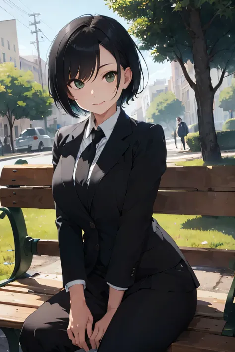 ((best quality)), ((masterpiece)), (detailed), perfect face, a beautiful woman with short black hair and green eyes, wearing a two piece business suit, sitting on a bench alone, in a park, smiling softly, mature woman, yandere eyes, detailed eyes, colorful...