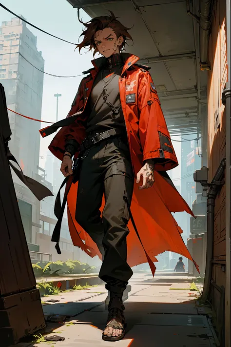 1male, tan skin, hindi, brown hair, green eyes, messy hair, cyberpunk face implant, neck and arm tattoos, tattoos, modern clothing, red overcoat, black baggy pants, city background, walking on path, detailed background, detailed face, expressionless