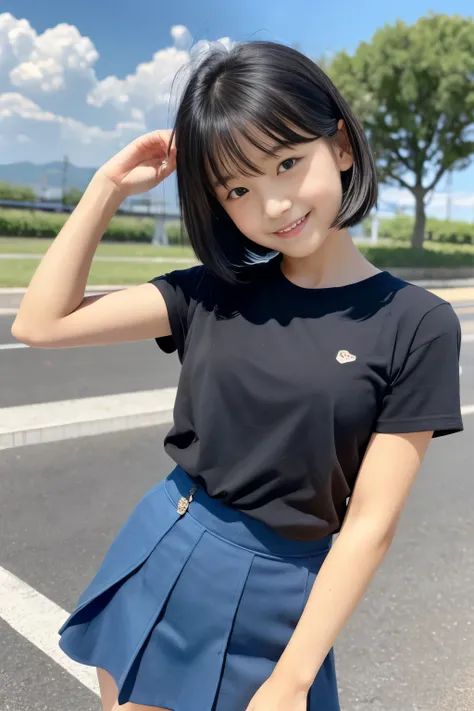 (8k),(masterpiece),(Japanese),(8-year-old girl),((innocent look)),((Childish)),From the front and above,smile,cute,Innocent,Kind eyes,Plain T-shirt,Short sleeve,Short skirt with blue check,semi-long,Hair blowing in the wind,Black Hair,Somewhat strong wind,...