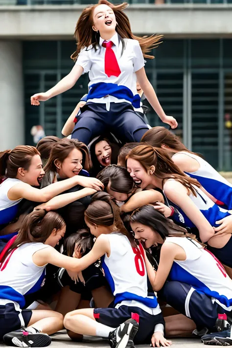 20 cute girls,riding on the back,riding on each other,pile on,pile up,human tower