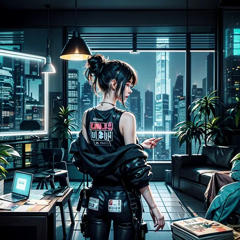 there is a woman standing in a living room looking out the window, cyberpunk art inspired by Alena Aenami, Artstation contest winner, pixel art, style of alena aenami, lofi artstyle, lofi art, art of alena aenami, lo-fi illustration style, lofi girl, artis...