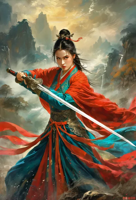 A female swordman,medieval art, heroic figure,traditional costume,detailed and sharp sword, intense eyes and focused expression, dynamic pose, dramatic lighting, vibrant colors, high contrast, epic landscape background, misty atmosphere, action-packed, dyn...