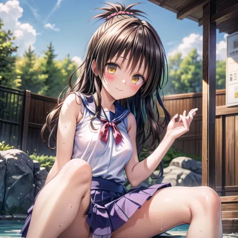 ((best quality)), ((Masterpiece)), realistically, hair ornament, outdoor, onsen, daytime, lightray, glitter hair, brown eyes, glowing eyes, white short skirt, ultra shot skirt, Blush, daytime, Wet, see through, sleeveless shirt, nipples, panty, armpit, 14 ...