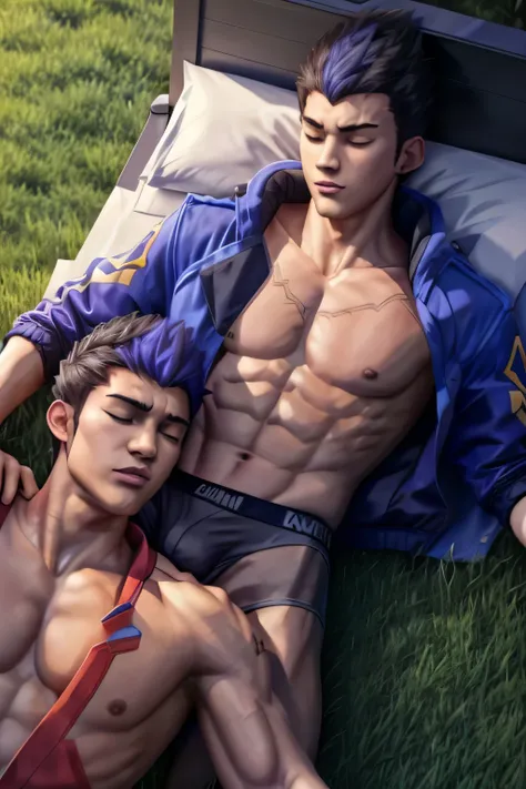 2 guys sleeping together, ((1 guy, yoru valorant), laying in grass, sleeping, shirtless, fully shirtless, jacket, calvin Klein underwear),

((1 guy, yoru valorant), laying in bed, shirtless, calvin Klein underwear)