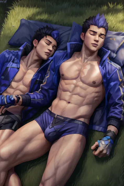 2 guys sleeping together, ((1 guy, yoru valorant), laying in grass, sleeping, shirtless, fully shirtless, jacket, calvin Klein underwear),

((1 guy, yoru valorant), laying in bed, shirtless, calvin Klein underwear)