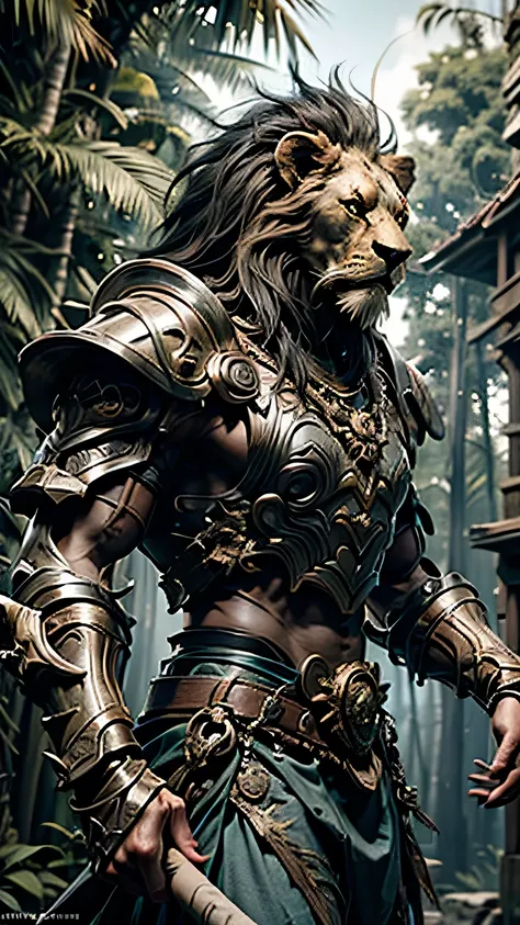 (Has an axe:1.3), (Lion head warrior:1.3), , , , Luxurious Armor, Dynamic pose, Cinematic lighting effects, Jungle Arena, Dynamic composition, (Beast Spectators:1.2), Full Plate Armor, , Face Shot, , (Martial Arts:1.1), , , , , , , , , , , , , , , , ,