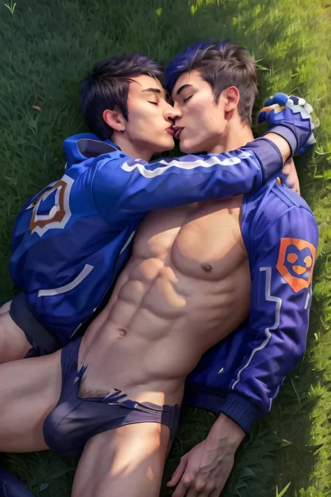 2 guys kissing each other, ((1 yoru on the left), laying in grass, shirtless, fully shirtless, jacket, calvin Klein underwear,kissing yoru on right),

((1 yoru on the right), laying in grass, shirtless, calvin Klein underwear, kissing yoru on left)