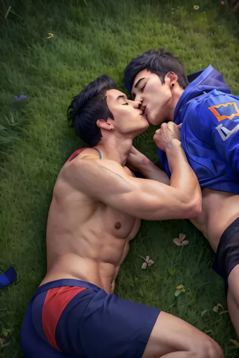 2 guys kissing each other, ((1 yoru on the left), laying in grass, shirtless, fully shirtless, jacket, calvin Klein underwear,kissing yoru on right),

((1 yoru on the right), laying in grass, shirtless, calvin Klein underwear, kissing yoru on left)