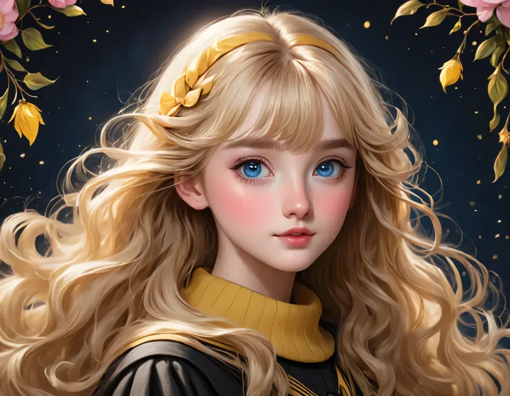 best quality, Masterpiece, Hogwarts students, Hufflepuff, Long blonde hair with bangs, Beaming, misbehave, freckles, blue eyes,Big, round eyes with luxurious, detailed eyelashes., detailed face, Fine skin,In Hufflepuff robes, background hogwarts, Realistic...