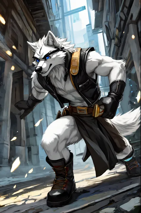 solo, teen furry, furry, teen, white wolf, wolf, white body, grey stripes, googles, black sleeveless jacket, black loincloth, ho...