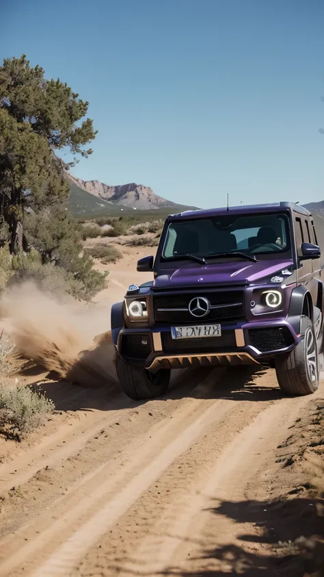 Full Body Shot, Dramatic, Hollywood, Motion, dust trails, muddy road, There is a matte purple Mercedes G63, black tint windows, with race stickers on the windshield and body of the car, there is mud on the sides of the car, It is driving a rocky terrain in...