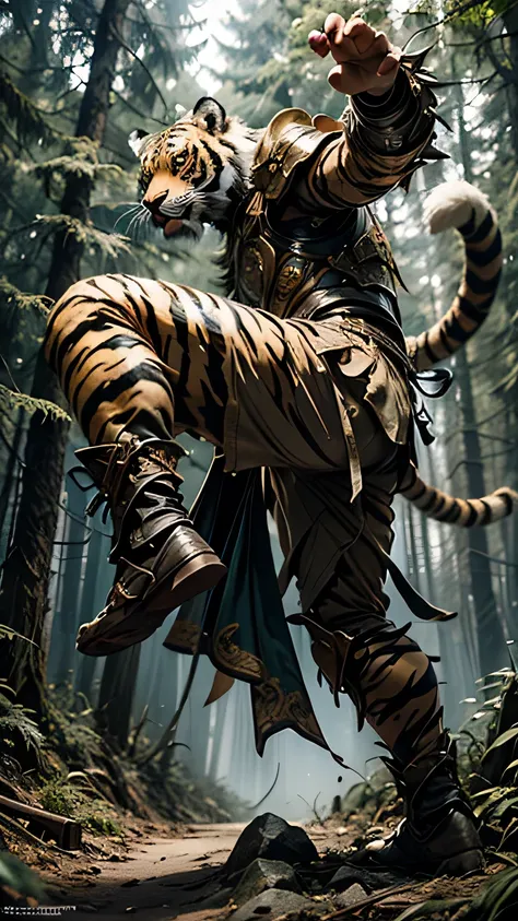 (have a weapon:1.3), (tiger head warrior:1.3), beastman, high kick, tiger hand, luxurious armor, dynamic pose, cinematic lightin...