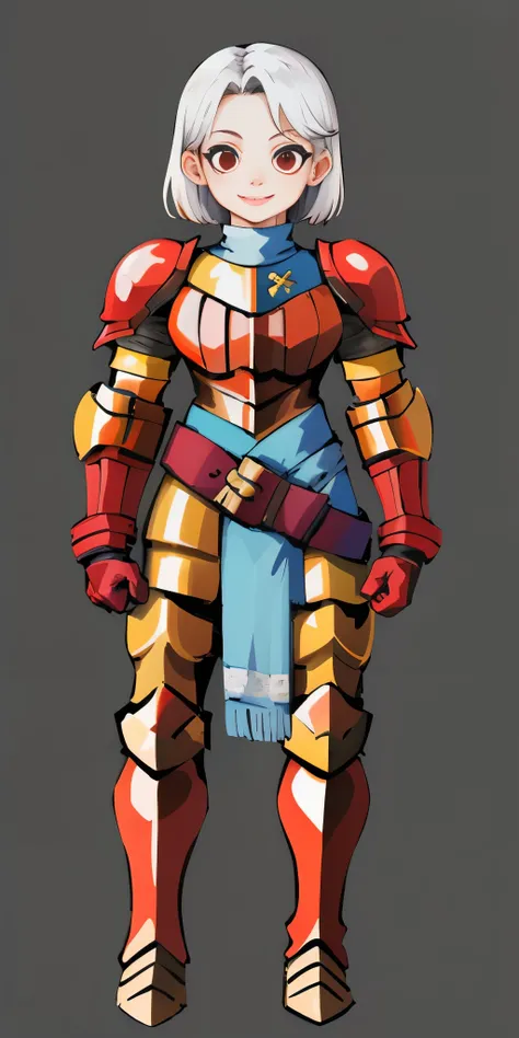 (masterpiece, best quality, 4k, 1girlsolo, 1MILF, mmplatz, smile, red cheeks, plain background:1.2) perfect face, perfect lighting, mature whsororitas with gloves red gauntlets in her hands like Cammy White from Street Fighter, bob white hair, warhammer 40...