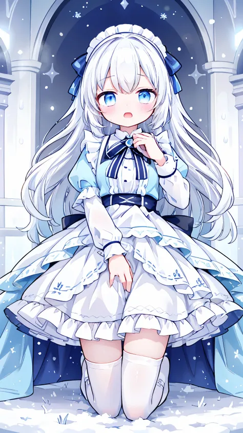 Long white hair,blue eyes,Light blue dress,Snow Scene,White knee socks(1.2),maid outfit,Lift up your skirt,shy,blush,open mouth,