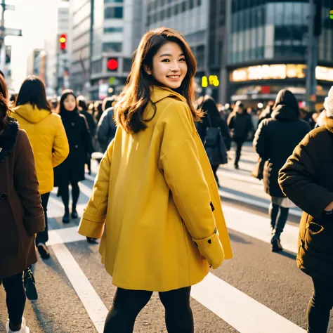 Indonesian woman 174tall, chubby body, long wavy dark brown hair, perfect smile, perfect eyes, wearing a yellowcoat jacket. Wearing white shoes, walking at the Shibuya intersection, surrounded by people. Afternoon. Sunset, winter