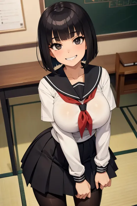 1 hot girl, dark hair, black eyes, grin, gorgeous, black pantyhose, short bob, japanese school girl, large breasts, serafuku