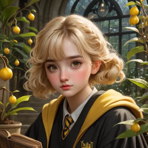 best quality, Masterpiece, Hogwarts students, Hufflepuff, Bangs have short twin tails., blonde hair, serious face, misbehave, freckles, brown eyes,Big, detailed, realistic eyes,realistic eyelashes, Face freckles with details, Fine skin,In Hufflepuff robes,...