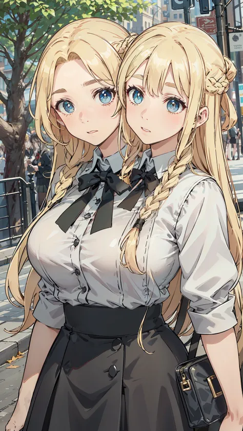 Uniforms，black skirt，white top，fashionable leather shoes， pop color，upper body, outdoors, park，long blonde hair，Thick eyebrows, bust and waist，beautiful blonde，white pupil,（masterpiece），（（highest quality）），（Super detailed），younger sister，（beautiful eyes be...