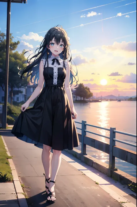 yukinoyukinoshita, Yukino yukinoshita, Black Hair, blue eyes, Long Hair,smile, Small breasts,happy smile, smile, Open your mouth,Straw hat,
, Sleeveless black dress,Black long skirt,Cute Sandals,walking,Real Summer,Daytime,sunny,whole bodyがイラストの中に入っていくように,...