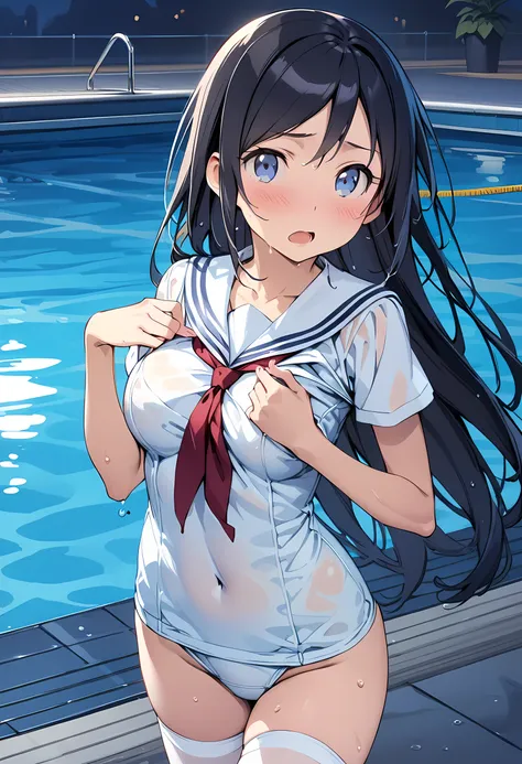 (masterpiece),(best quality),(ultra-detailed),(best illustration),(best shadow),(absurdres),(detailed background),(very aesthetic), ayase aragaki, beautiful female,, solo, long hair, black hair, open mouth, blue eyes, blush, embarrassed, white shirt, (sail...