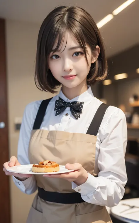 cute 21 year old japanese、apron, black bow tie、Waiter、Cafe、super detail face、pay attention to details、double eyelid、beautiful thin nose、sharp focus:1.2、Beautiful woman:1.4、(light brown hair,short hair、),pure white skin、highest quality、masterpiece、ultra hig...