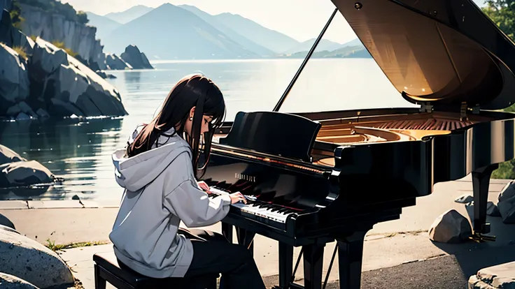 High quality, playing piano, small alone surrounded by rocks, grand piano, lone pianist, woman in white hoodie, cool woman, fantastic, , long black hair,

