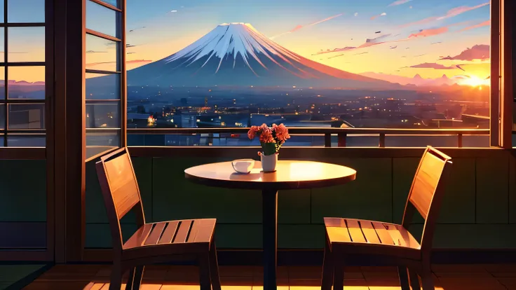 Cafe with a view of Mt. Fuji　Beautiful sunset　Japanese style anime