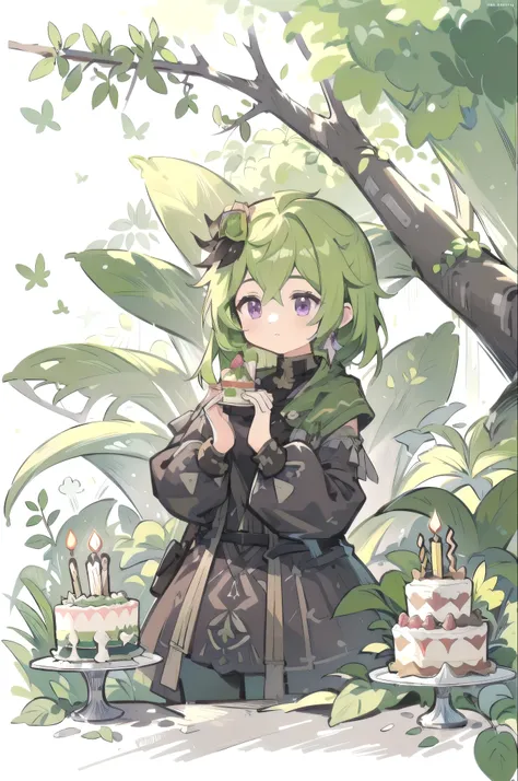 1 girl solo, green hair, purple eyes, long brown sleeves, brown dress, golden accessories, Slight vintage color,planar,,illustration,adolable,Leave white space,low-saturation,Lots of flowers，Individually arranged，leafs，branches，in the tropical forest, tree...