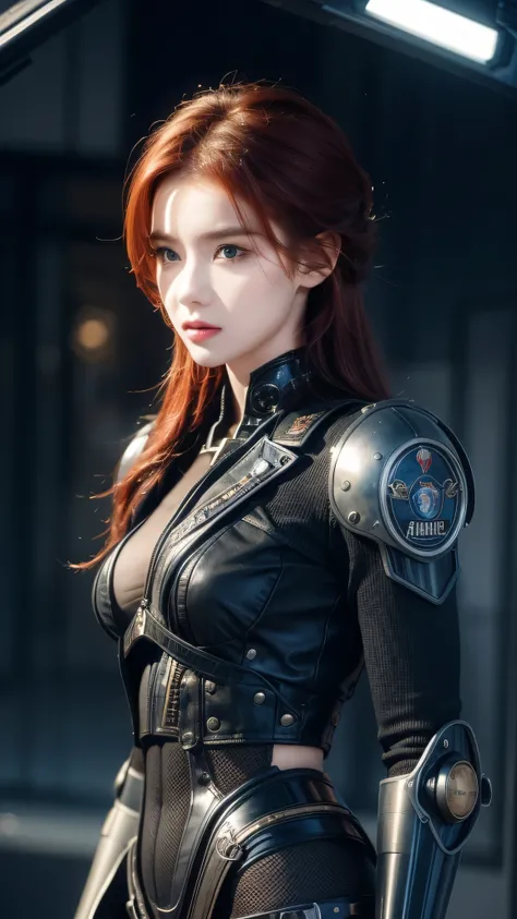 A woman stood in front of a group of robots, Steampunk male portrait, synthesis, Beautiful woman, Stormy war scene, Inspired by Richard Avedon, A black diesel punk policewoman, Red-haired woman, Girl in a suit, Exquisite fashion clothing, beautiful female ...