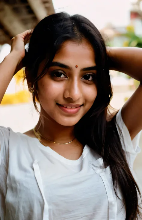 beautiful south indian lady, 20 year old, cute smile, black eyes, long hair, cute, hyper detailed photography, soft light, head and shoulders portrait, cover, wearing full hand shirt