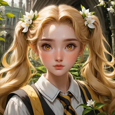 best quality, Masterpiece, Hogwarts students, Hufflepuff, I have short, raised twin tails., I have short, golden-blonde twin tails., serious, aggressive, beard,cry, Freckles on the face, Hand holding a white jasmine flower, detailed brown eyes, detailed fa...