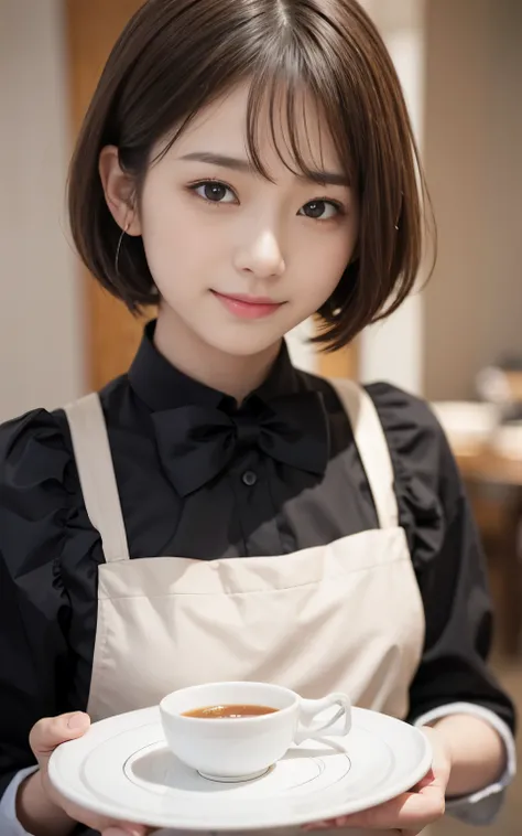 cute 21 year old japanese、apron, black bow tie、Waiter、Cafe、super detail face、pay attention to details、double eyelid、beautiful thin nose、sharp focus:1.2、Beautiful woman:1.4、(light brown hair,short hair、),pure white skin、highest quality、masterpiece、ultra hig...