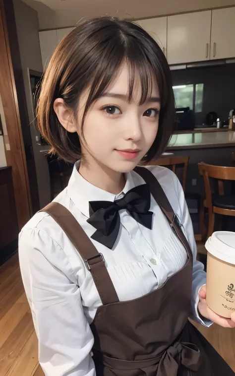 Cute 21 year old Japanese、apron、Black bow tie、Waiter、Cafe、Super detailed face、Attention to detail、double eyelid、Beautiful thin nose、Sharp focus:1.2、Beauty:1.4、(Light Brown Hair、short hair、)、Pure white skin、highest quality、masterpiece、Ultra-high resolution、...