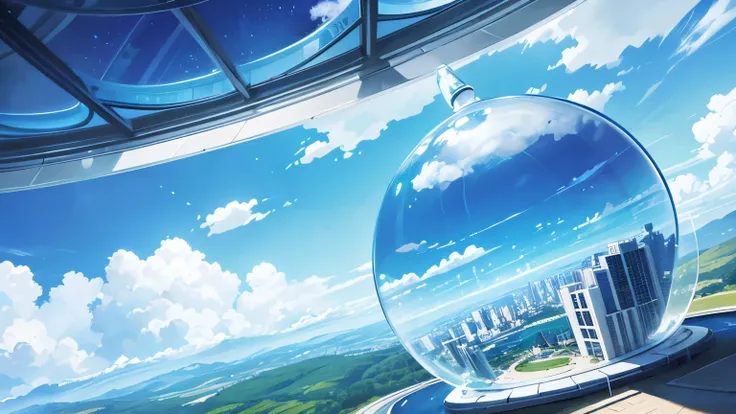 Please help me draw an environmentally friendly picture book cover，Wilderness blue sky and white clouds，Modern and futuristic，Round glass dome building