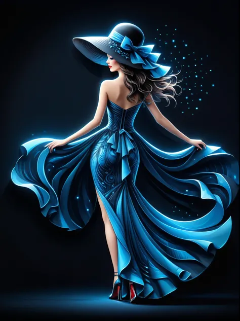 elegant, fashion design. Elegant and dress fashion illustration with a fluttering dress and hat in neon blue against a black background. The figure appears to be glowing from within, creating a glamorous effect that highlights the lavish texture of her out...