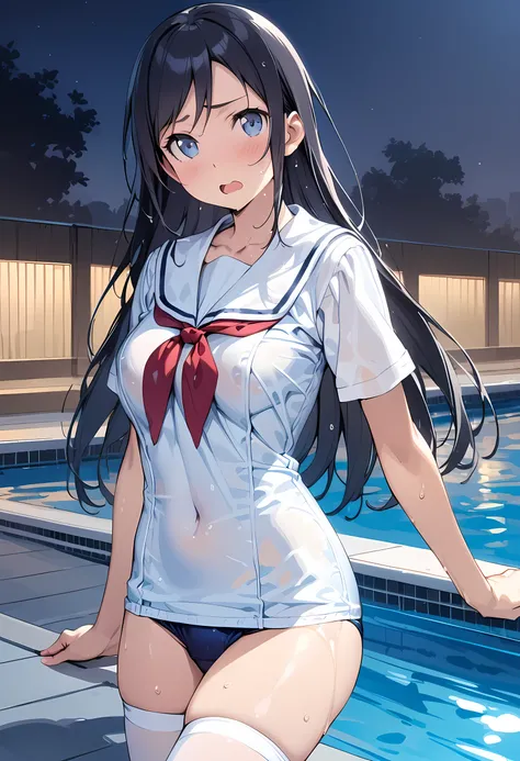 (masterpiece),(best quality),(ultra-detailed),(best illustration),(best shadow),(absurdres),(detailed background),(very aesthetic), ayase aragaki, beautiful female,, solo, long hair, black hair, open mouth, blue eyes, blush, embarrassed, white shirt, (sail...