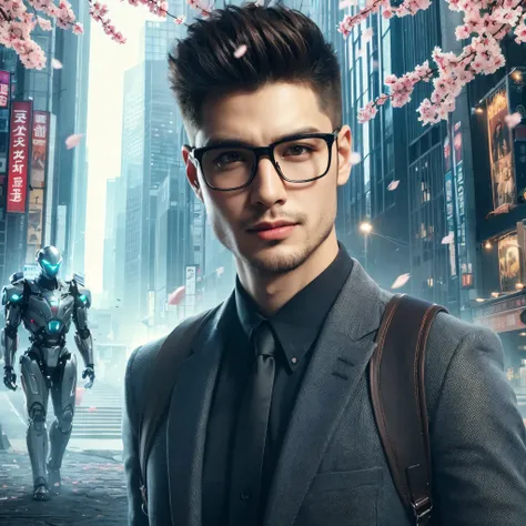 Professional photography masterpiece with 1 model fullbody: a confident, charming man in modern suit casual trendy attire, 20 years old, short black taper fade hair trendy, wearing trendy eyeglasses, with a subtle smile, looking happy, posing like as walki...