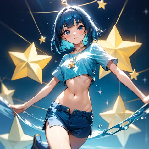 1girl,mature female,solo,happy expression,tiny  breasts,blue hair,medium hair,short bangs, water blue eyes, shy expression,(Star Pendant Necklace), Cute blue croptop, short skirt, Tight clothes, colorful, interesting perspective, golden proportion, aurea p...