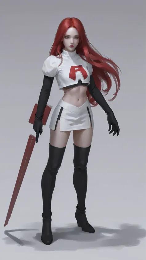 team rocket,team rocket uniform, red letter r, white skirt,white crop top,black thigh-highs, black elbow gloves,white background