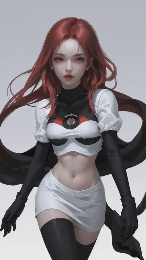 team rocket,team rocket uniform, red letter r, white skirt,white crop top,black thigh-highs, black elbow gloves,white background